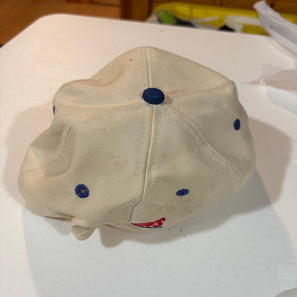 Vintage Service 2000 Watkins Snapback Hat Cream Blue Two Tone Trucker Cap 90s - Picture 2 of 5